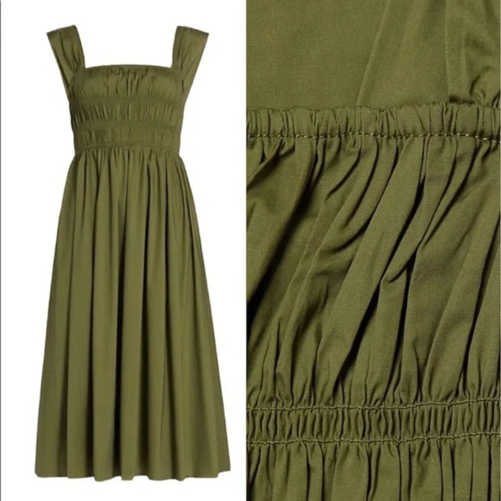 STAUD Ida Smocked Bodice Olive Dress